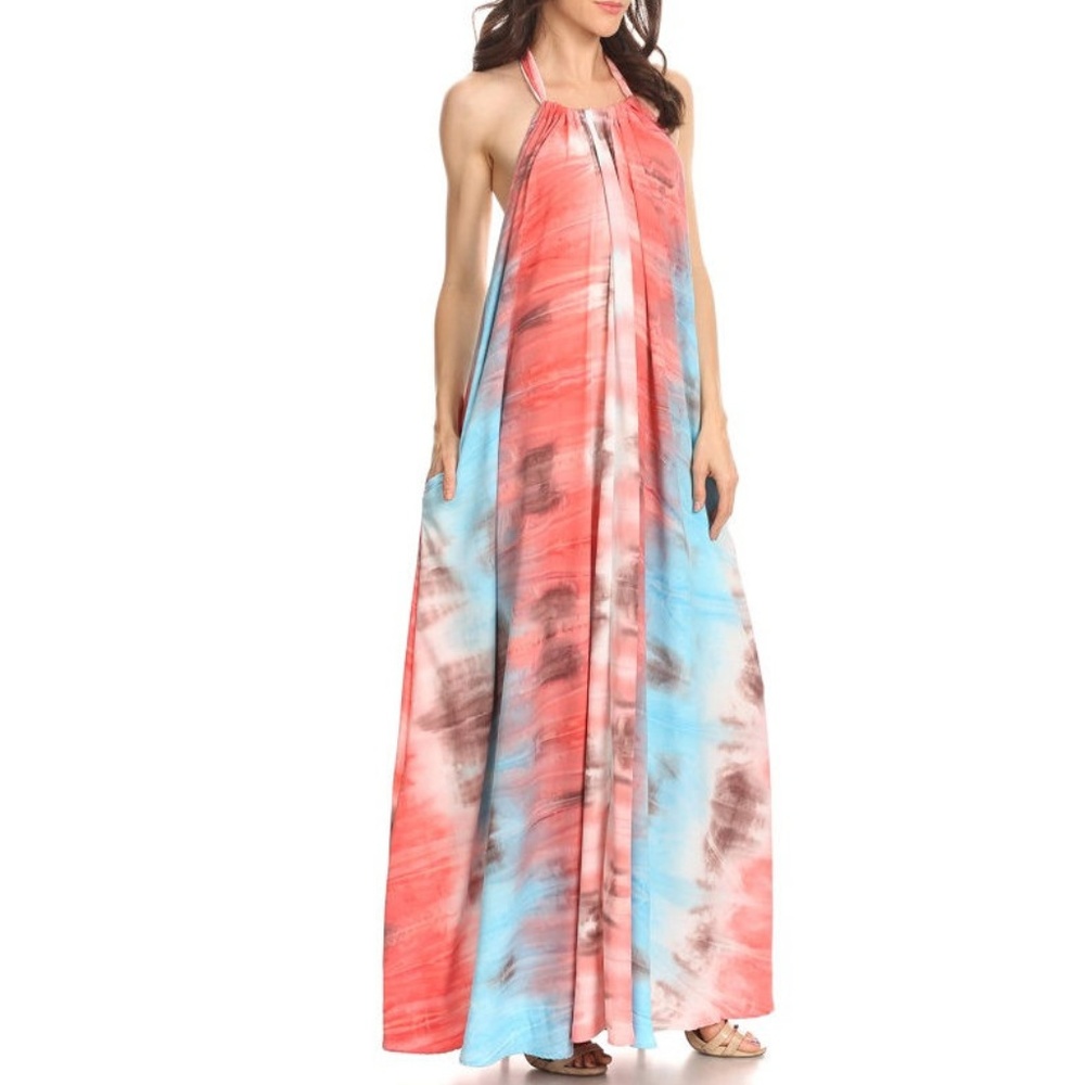 Aqua Orange Tie Dye Boho Halter Maxi Dress - Picture 2 of 5